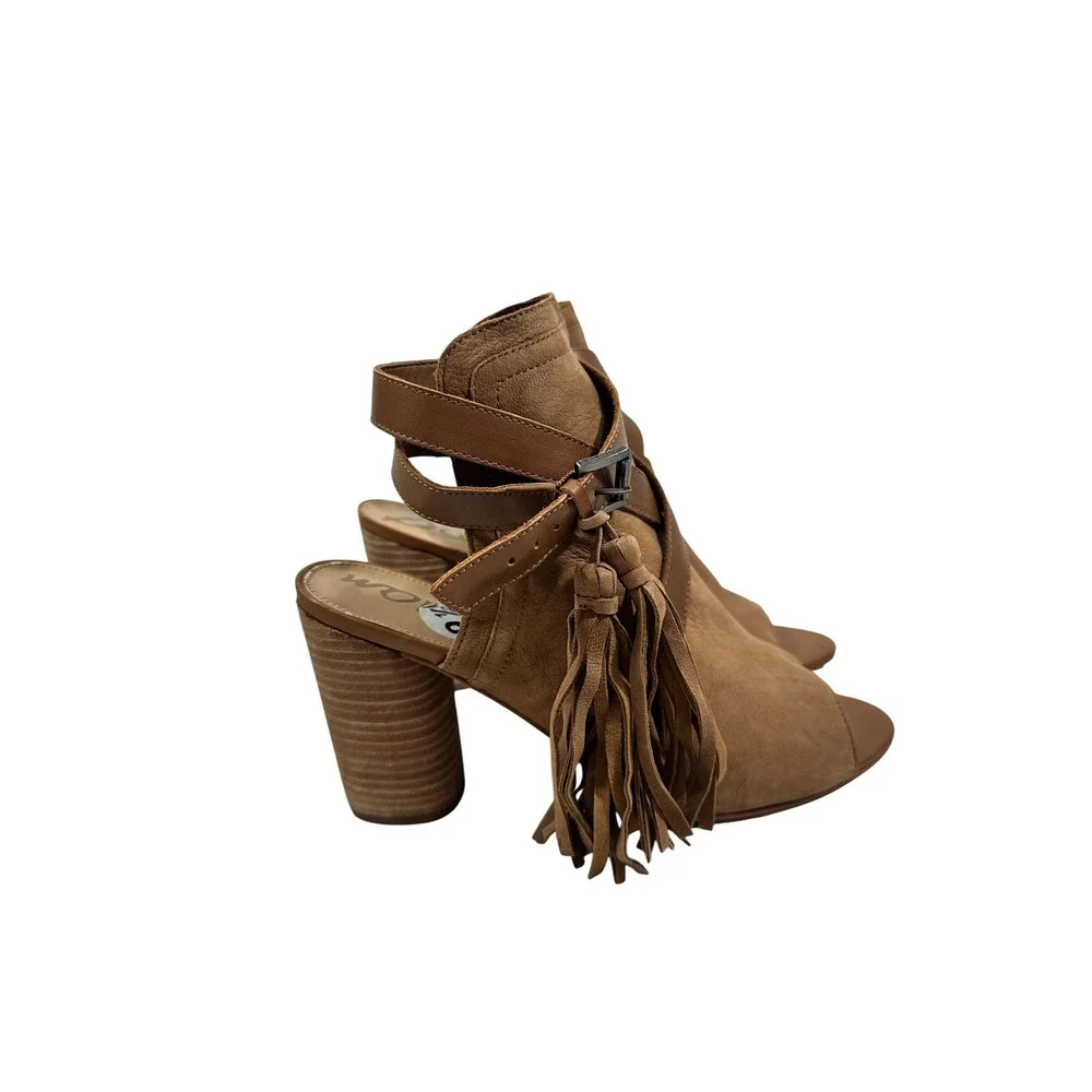 Sam Edelman Vermont Tan Leather Fringe Tassel Block Heel Sandals Womens 9.5